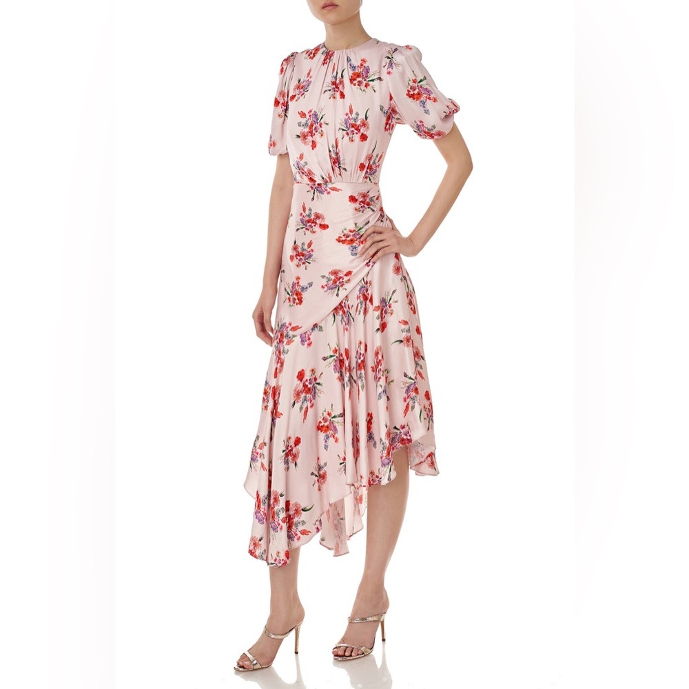 AMUR Bettina Asymmetrical Floral Print Ruched Puff Sleeves Pink Dress Size 6